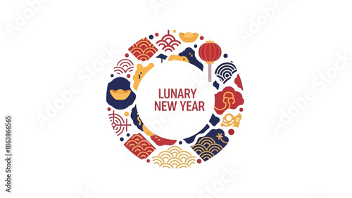 Circular graphic design celebrating Lunar New Year with vibrant patterns and colors on a white background.