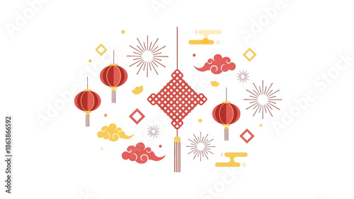 A vibrant illustration of Chinese New Year and Lunar New Year decorations, including red lanterns, golden coins, and intricate designs, against a clean white background with a festive mood.