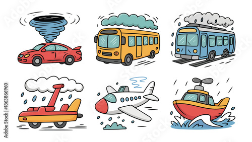 Colorful Transport Doodle: A playful collection of diverse transport modes, from cars to boats, each depicted with charming details. perfect for playful stories.