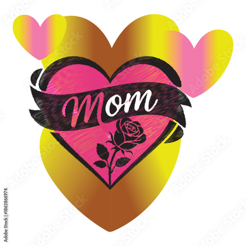 Mother s Day Heart with Rose and Ribbon Typography Mom Love Gradient Valentine Vector Design.