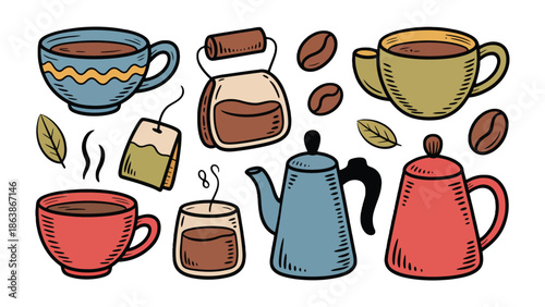 Caffeine Collage: A vibrant assortment of coffee and tea elements arranged in a cheerful display, inviting viewers to a world of cozy beverages.