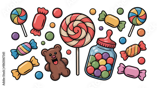 Sweet Delight Assortment: A vibrant assortment of sugary treats, featuring lollipops, candy, and a playful gummy bear. It is an image of joy and nostalgia.