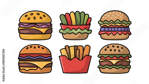 Burger and Fries Illustration: A colorful and inviting illustration showcases an assortment of delicious burgers and golden fries, perfect for menus, food blogs, or culinary promotions. 