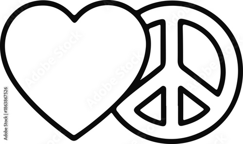 Love and Peace Symbol Line Icon, Minimal line icon combining a heart and peace symbol, representing love, harmony, nonviolence, and unity in simple graphic style.

