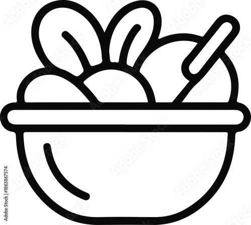 Healthy Salad Bowl Icon Outline, Minimal black line icon of a bowl with fresh vegetables, representing healthy eating, salad meals, nutrition, and balanced lifestyle concepts.

