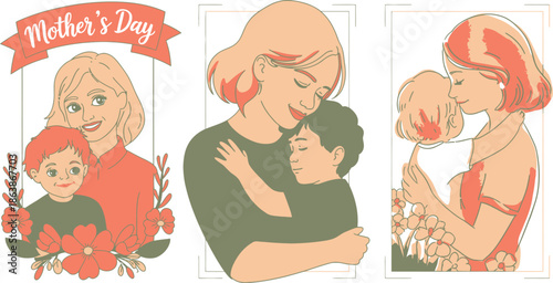 Three cheerful illustrations honor Mothers Day, depicting mothers and sons sharing loving embraces with vibrant flowers
