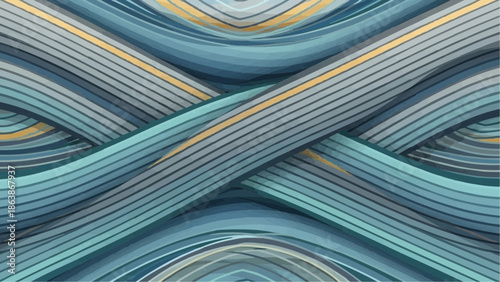 An intricate abstract background displays beautifully interwoven blue, teal, and gold wavy lines creating a complex pattern.