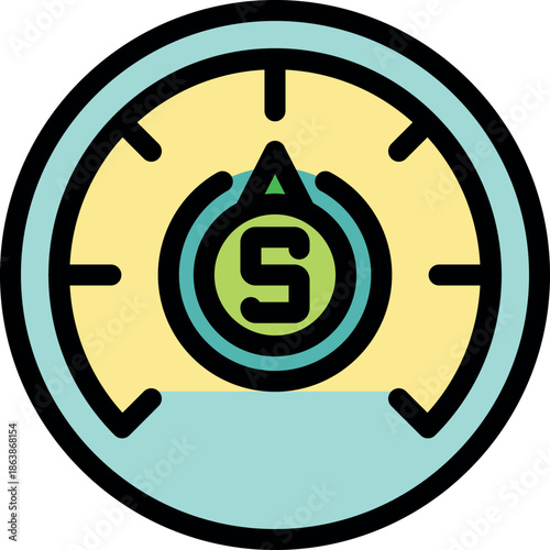 Speedometer with pointer showing five units of speed on a dashboard panel, measuring velocity and performance