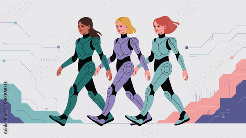Three diverse women walk together in futuristic bodysuits against a technological circuit background