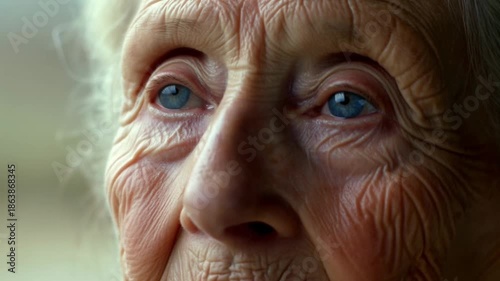 A close-up portrait of an elderly woman, her eyes reflecting wisdom and experience. Her face is etched with the passage of time, showing character and the beauty of aging. Stock Video