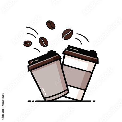 Two disposable coffee cups with flying roasted coffee beans, flat design illustration