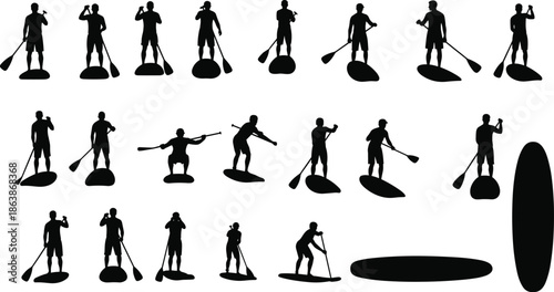 Stand up paddleboard silhouette collection featuring various man poses, paddling techniques, surfing board shapes, summer water sports icons, outdoor lake activities, and rowing vector illustrations.