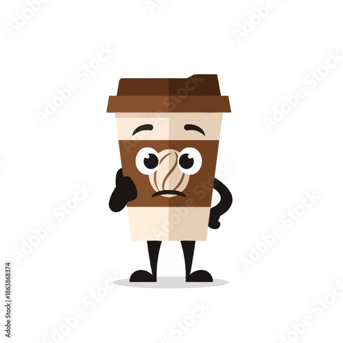 Sad Coffee Cup Character Giving Thumbs Down, Cartoon Illustration