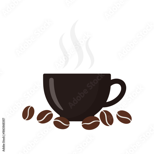 Hot Coffee Cup with Steam and Beans - Flat Design
