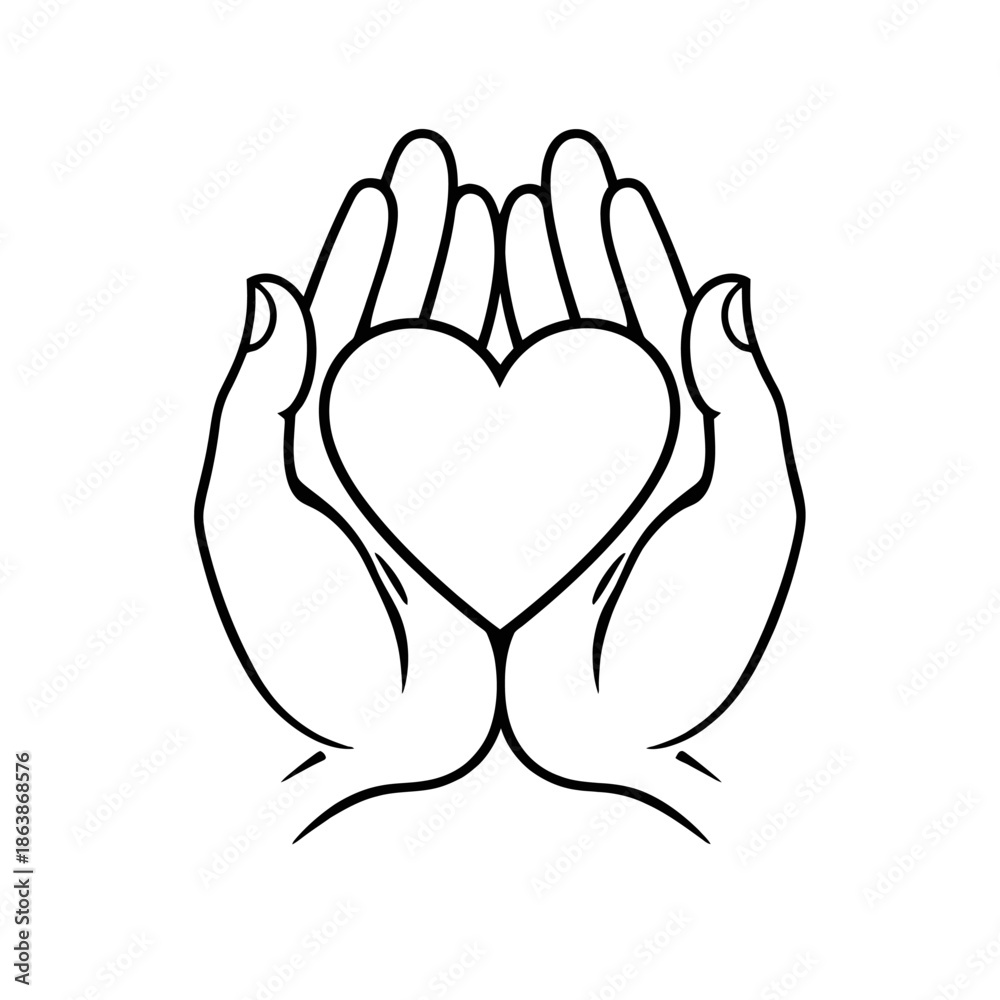 Obraz premium Simple line drawing of hands holding a heart symbol.