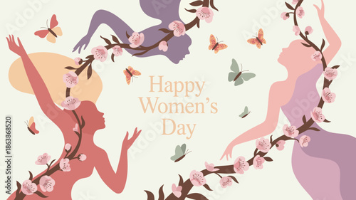 Three graceful women silhouettes intertwine with cherry blossom branches and flying butterflies, celebrating Womens Day