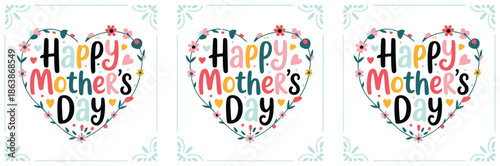 Three heart shaped floral wreaths proclaim Happy Mothers Day in a repeating pattern