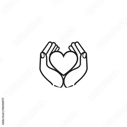 Simple line drawing of hands holding a heart symbol.