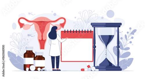 Healthcare professional examines female reproductive health using calendar and hourglass to track biological clock and fertility.