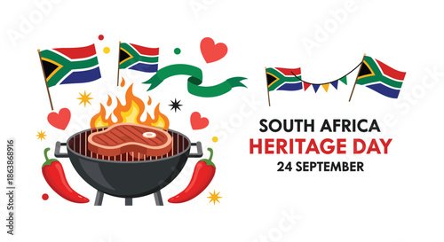 South Africa Heritage Day celebration on September 24 features traditional braai with grilled steak and national flags.