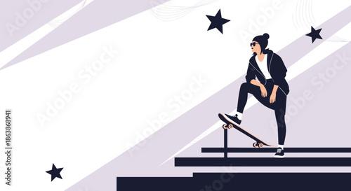 Trendy skateboarder balances on metal rail in urban environment during nighttime session with stars and geometric backgrounds.