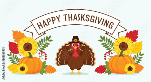 Festive Thanksgiving greeting features cute turkey wearing pilgrim hat surrounded by ripe pumpkins and bright sunflowers.