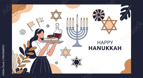 Celebration of Hanukkah features woman serving traditional donuts near lit menorah and symbolic stars of David decorations.