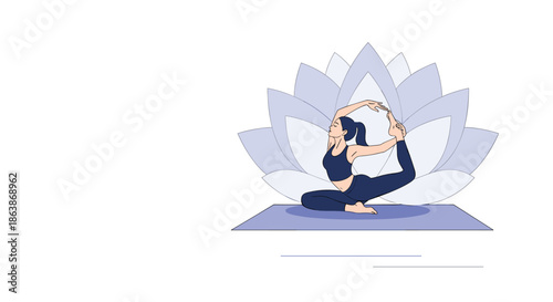 Young woman demonstrates advanced yoga king pigeon pose in front of large symbolic lotus flower for peace and mindfulness.