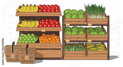Well organized grocery store display features fresh bananas, apples, oranges, and cabbage on wooden shelves with baskets.