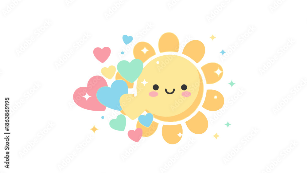 Fototapeta premium Cheerful cartoon sun with colorful hearts in a playful pastel illustration.