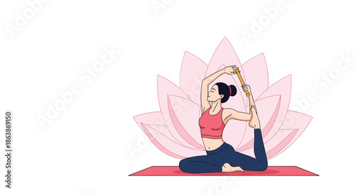 Serene woman practices a yoga pose on a mat in front of a large pink lotus flower symbol to represent health and mindfulness.