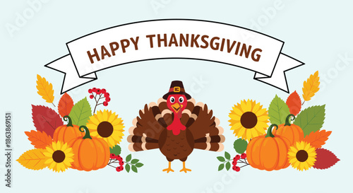 Happy Thanksgiving banner features a festive turkey wearing a pilgrim hat surrounded by autumn leaves, pumpkins, and sunflowers.