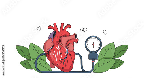 Detailed illustration of a human heart connected to a blood pressure monitor surrounded by green leaves to symbolize heart health.