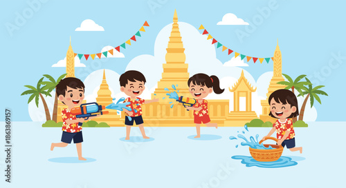 Joyful children celebrate the Songkran festival by playing with colorful water guns in front of traditional Thai temple pagodas.