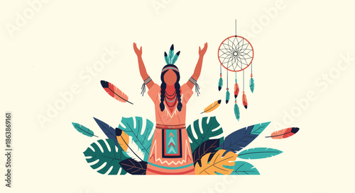 Indigenous woman stands with her arms raised in a spiritual gesture surrounded by dreamcatchers, feathers, and tropical jungle foliage.
