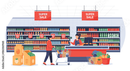 Customer shops for groceries in a well-stocked supermarket interior featuring organized aisles, a checkout counter, and special sale signs.