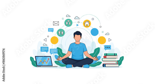 Young man practices mindfulness and meditation to achieve a healthy life balance between work, family, home, and personal wellness.