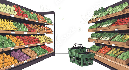 Organized supermarket produce aisle features rows of fresh vegetables and fruits in wooden crates with shopping baskets nearby.