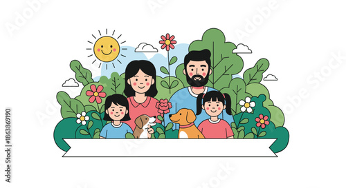 Happy family portrait featuring parents, two children, and their pet dogs surrounded by lush green foliage and flowers in a garden.