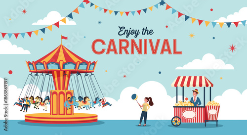 Carnival scene with colorful swing ride, popcorn stall, and young girl holding a balloon against a cloudy sky background.