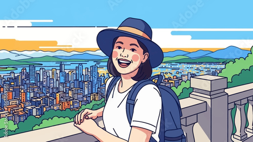 Young traveler enjoys a bright city skyline from a hilltop overlook.