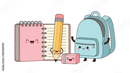 Cute cartoon backpack with notebooks and pencils ready for school.