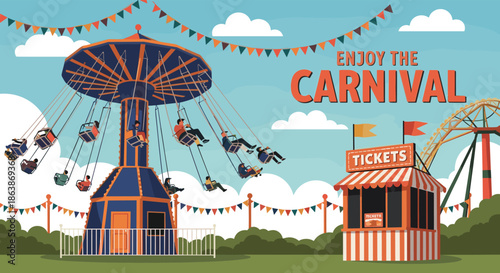 Colorful carnival scene featuring spinning swing ride and ticket booth under bright sky for summer fair amusement park.