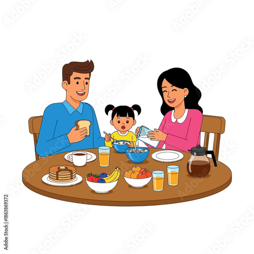 Happy family enjoying breakfast together at a round wooden table, healthy food, morning meal.