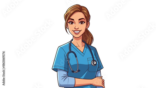 Friendly cartoon nurse and physician character wearing blue scrubs with stethoscope in a clinical setting.