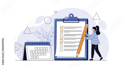 Woman filling out large checklist with pencil next to calendar symbolizing project planning and task management.