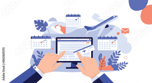 Top view illustration of hands using a computer to book flight tickets online, surrounded by travel and calendar icons.