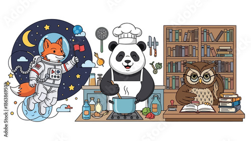 Playful collage of animals in imaginative scenes featuring space cat, panda chef, and wise library owl.