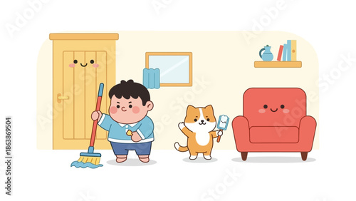 Playful child sweeping the living room with a cheerful dog beside colorful furniture in a cozy home illustration.