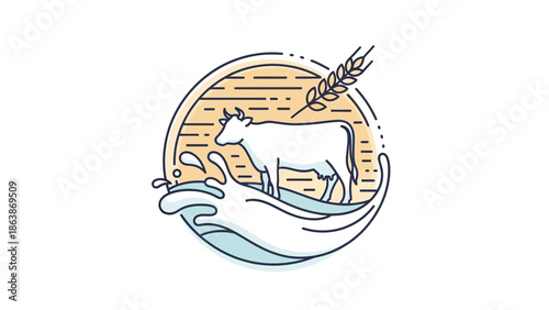 Circular illustration of a dog leaping into waves at sunset, capturing a playful shoreline scene with warm colors.